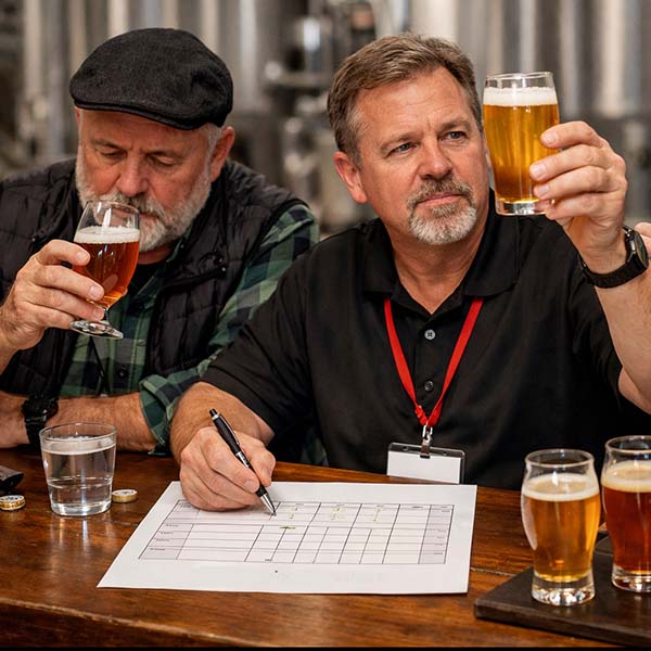 Two men are engaged in a beer evaluation session, examining different beers and recording their observations on a form.